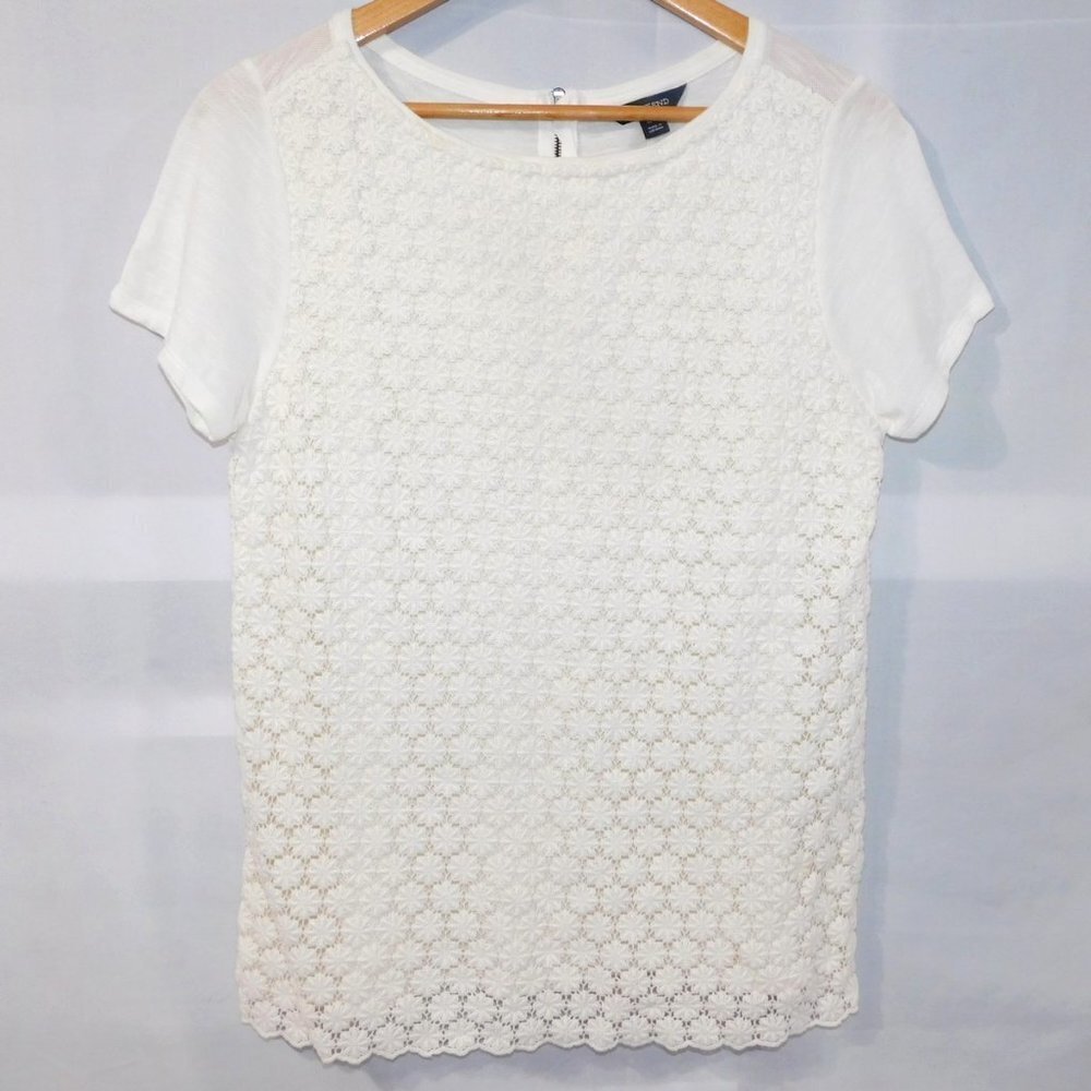 Lands End Off White Crochet Overlay Top Short Sleeve Womens 10-12